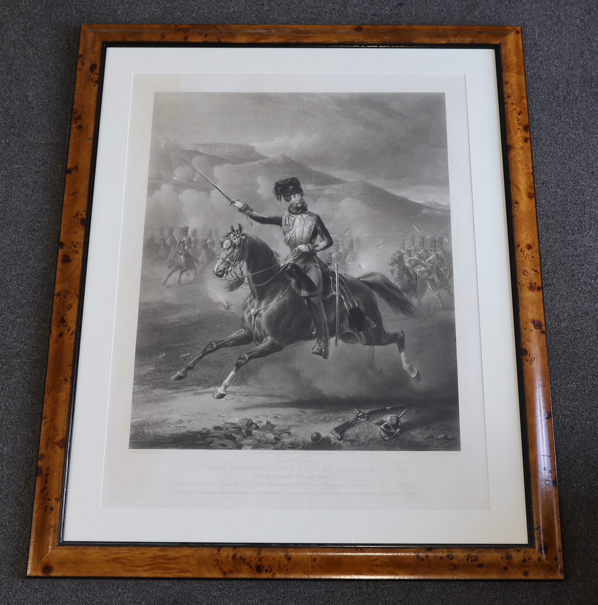 H. Cousins after Frank De Prades, mezzotint, 'The Right Honourable The Earl of Cardigan K.C.B. on his favourite charger, Ronald', published by Fores 1856, visible sheet 79 x 61cm